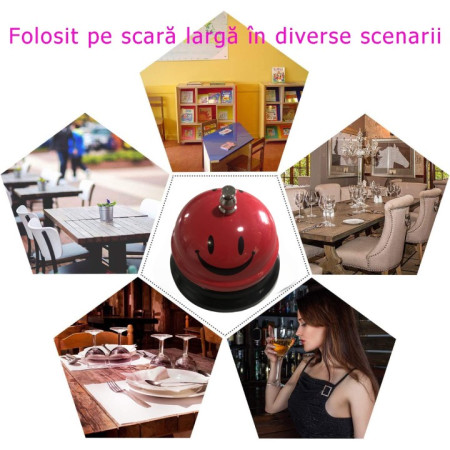 Clopotel Metalic Multifunctional, Cyrax, Rosu cu Imprimeu Smiley Face, 7.5x7.5x6.5 cm, Receptie, Restaurant, Cafenele