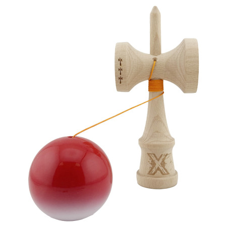 Kendama X Originala, Profesionala, Cyrax, Big Cups V2, Super Sticky cu Cupe Mari, din lemn 18 cm, Rulment Metalic cu Ata 55 cm, Gradient Rosu/Alb
