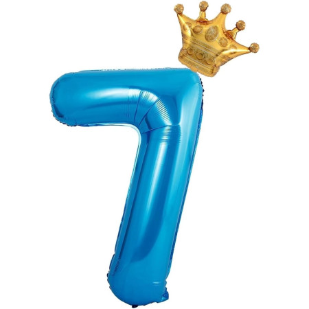 Balon din Folie Metalizata Cyrax, Figurina Cifra si Coroana, Tema Aniversare 100 cm, Ambalaj Individual, Pai inclus, Umflare cu Aer sau Heliu, Albastru, Cifra 7
