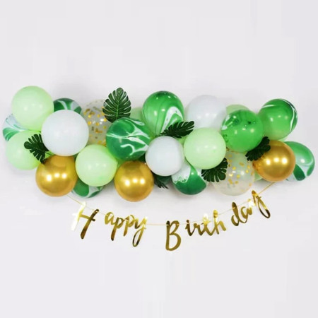 Baloane decorative din Latex si Banner Happy Birthday, Cyrax, Model Aniversare, Set 37 de Piese, Verde, Auriu, Alb
