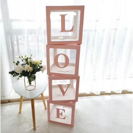 Set 4 Cutii pentru Baloane, Cyrax, Model Scris Love, Tematica Iubire, Cuburi Decorative din Plastic, Accesorii pentru Petrecere, 30 x30 cm, Transparente Contur Roz