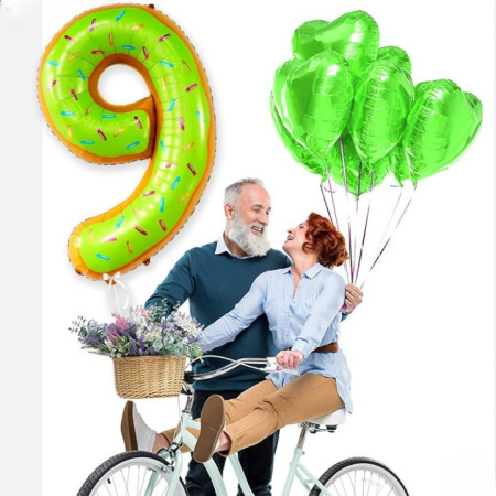 Balon din Folie Metalizata Cyrax, Figurina Cifra, Imprimeu Gogosi, Tema Aniversare 100 cm, Ambalaj Individual, Pai inclus, Umflare cu Aer sau Heliu, Multicolor, Cifra 9