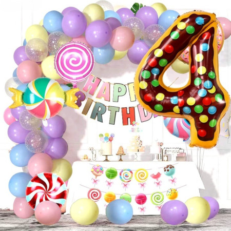 Balon din Folie Metalizata Cyrax, Figurina Cifra, Imprimeu Gogosi, Tema Aniversare 100 cm, Ambalaj Individual, Pai inclus, Umflare cu Aer sau Heliu, Multicolor, Cifra 4