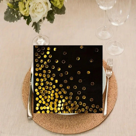 Set 20 de Servetele de Masa, Cyrax, Imprimeu cu Buline Aurii, din Hartie, 17 x 17 cm, Negru