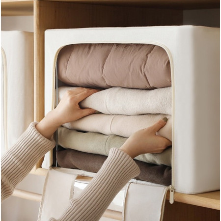 Cutie de Depozitare Pliabila,  Cu Fereastra si Fermoar Dublu, 66 L, Textil Premium, 50x40x33 cm, Cadru Metalic, Impermeabila, Bej