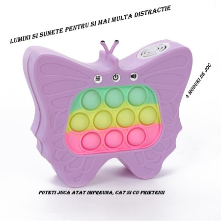 Jucarie Interactiva Tip Consola pentru Copii, Cyrax, Diferite Moduri de Joc, 120 Nivele, Material ABS/silicon, Sunete si Lumini, 12 x 5.5 x 13.5 cm, Model Fluture, Mov