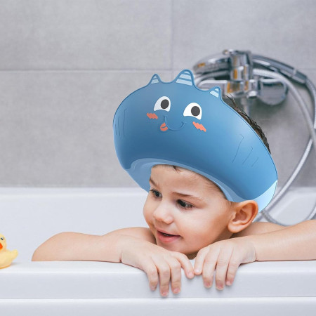 Casca de Dus, Cyrax, Previne Scurgerea Apei si Samponului pe Fata, 0-12 Ani, Ajustabila, din TPE+PP, 20 x 23 cm, Model Unicorn, Albastru
