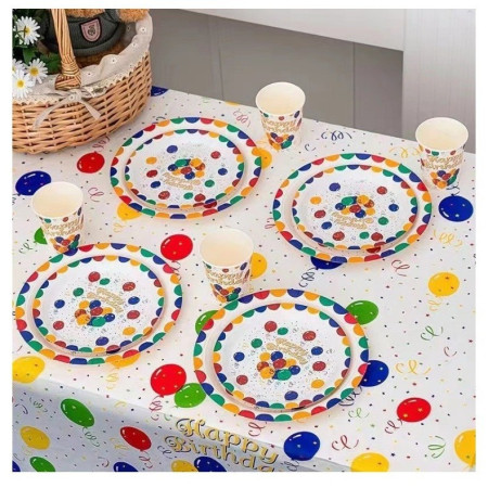 Fata de Masa, Cyrax, din PEVA, Imprimeu Happy Birthday cu Baloane, 137 x 274 cm, Impermeabila, Fara Pete, Curatare Rapida, Multicolor