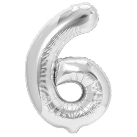 Balon din Folie Metalizata, Cyrax, Figurina Cifra, Tema Aniversare 100 cm, Ambalaj Individual, Pai inclus, Umflare cu Aer sau Heliu, Argintiu, Cifra 6