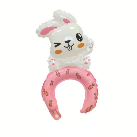 Balon din Folie Metalizata, Cyrax, Tip Coronita, Model Iepure, Ambalaj Individual, Pai Inclus, Umflare cu Aer sau Heliu, 48 x 28 cm, Roz