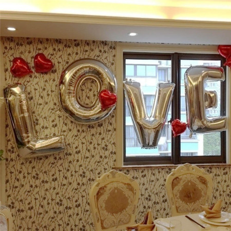 Set 4 Baloane din Folie Metalizata, Cyrax, Figurine Litere, Model Scris Love, Tema Iubire, 80 cm, Ambalaj Individual, Pai Inclus, Umflare cu Aer sau Heliu, Argintiu