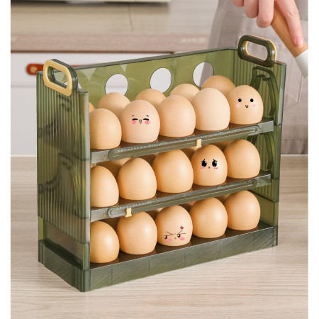 Suport Organizator pentru Oua, Cyrax, pentru Frigider, Verde transparent, Capacitate 30 oua, Trei straturi, cu Data de Expirare, 25.5x10x23 cm