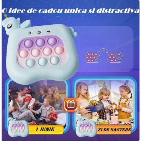 Jucarie Interactiva Tip Consola pentru Copii, Cyrax, 12 Nivele, Diferite Moduri de Joc, Material ABS/silicon, cu Nivele, Sunete si Lumini, 13.5 x 5.5 x 12.5 cm, Model Unicorn, Albastru