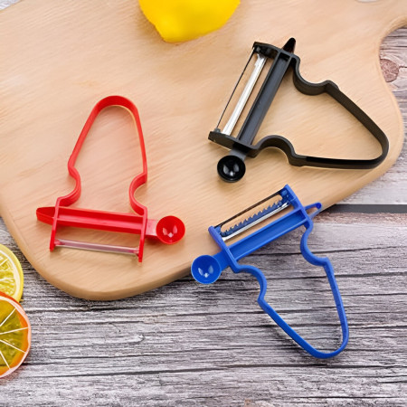 Set 3 Accesorii de Decojire, Razuire si Feliere, Cyrax, pentru Legume si Fructe, Negru-Rosu-Albastru