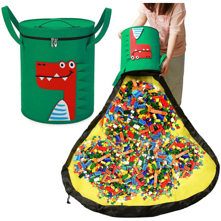 Cutie de Depozitare 2In1,  Impermeabila, Covor pentru Jucarii si Lego 150cm, Capacitate Mare, cu Manere, cu Sfori, Inaltime 40cm, Model Crocodil, Verde
