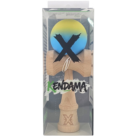 Kendama X Originala, Profesionala, Cyrax, 18 cm, Profesionala, +9 Ani, din Lemn, Gradient Galben/Albastru
