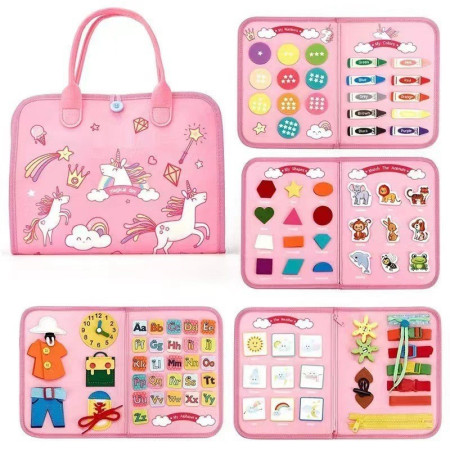 Carte Senzoriala Educativa Montessori, Cyrax, Dezvoltare Abilitati Motorii, 5 Pagini, Model Unicorni, 28x22x7 cm, Roz