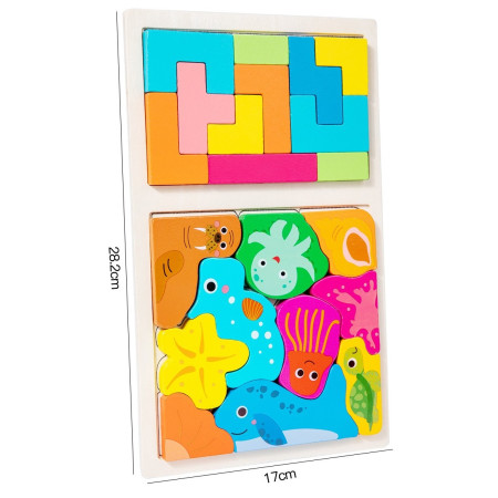 Puzzle Montessori din Lemn pentru Copii, Cyrax, Tip Tetris 2in1 +3 Ani, cu Animale Marine Colorate 3D, Educativ, Intuitiv, Creativ, 21 de Piese, 28.5x17x1.2 cm, Multicolor