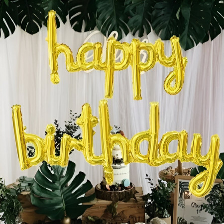 Set Baloane din Folie Metalizată, Cyrax, Model Happy Birthday, 45x85 cm, 45x124cm, Baloane Party, Ambalaj Individual, Pai inclus, Umflare cu Aer sau Heliu, Gold