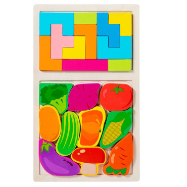 Puzzle Montessori din Lemn pentru Copii, Cyrax, Tip Tetris 2in1 +3 Ani, cu Legume Colorate 3D, Educativ, Intuitiv, Creativ, 21 de Piese, 28.5x17x1.2 cm, Multicolor