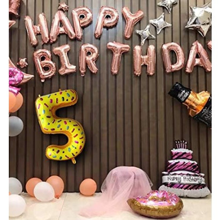Balon din Folie Metalizata Cyrax, Figurina Cifra, Imprimeu Gogosi, Tema Aniversare 100 cm, Ambalaj Individual, Pai inclus, Umflare cu Aer sau Heliu, Multicolor, Cifra 5