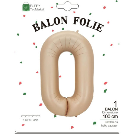 Balon din Folie Metalizata, Cyrax, Model Cifra 0, 100 cm, Ambalaj Individual, Pai Inclus, Crem