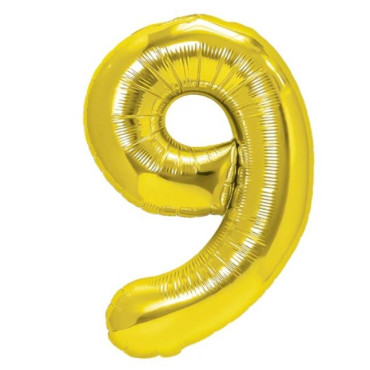 Balon din Folie Metalizata Cyrax, Figurina Cifra, Tema Aniversare 100 cm, Ambalaj Individual, Pai inclus, Umflare cu Aer sau Heliu, Auriu, Cifra 9