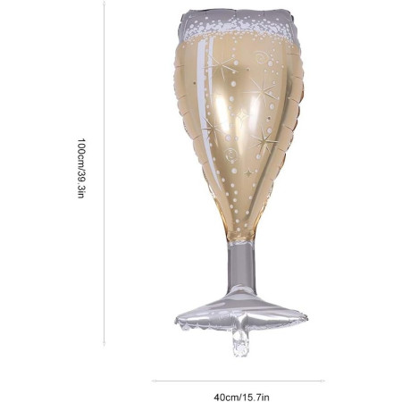 Balon din Folie Metalizata, Cyrax, Figurina Pahar de Sampanie, Tema Aniversare, 100x40 cm, Ambalaj Individual, Pai Inclus, Umflare cu Aer sau Heliu, Auriu