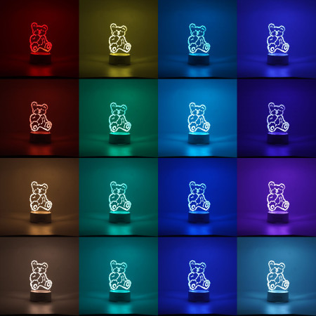 Lampa LED decorativa,  3D, Ursulet, cu telecomanda, doua moduri de alimentare USB si baterii, 20 cm inaltime, din material acril si lumina multicolora, alb