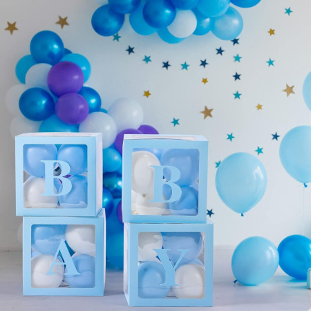 Set 4 Cutii pentru Baloane, Cyrax, Model Scris Baby, Tematica Iubire, Cuburi Decorative din Plastic, Accesorii pentru Petrecere, 30 x30 cm, Transparente Contur Albastru