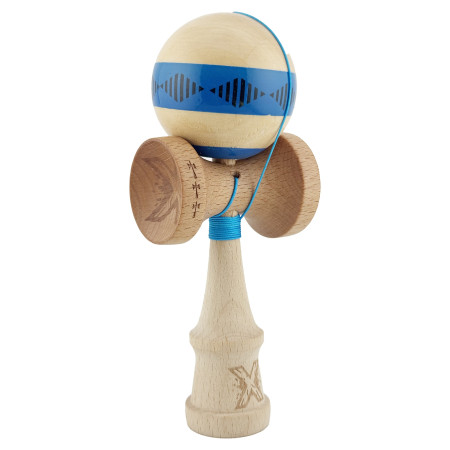 Kendama X FREQUENCY Originala, Profesionala, Cyrax, Big Cups V2, Super Sticky cu Cupe Mari, Rulment Metalic, din lemn 18 cm, Ata 55 cm, Albastru/Maro