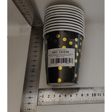 Set 10 Pahare, Cyrax, Imprimeu cu Buline, din Carton, 250 ml, 7 x 8.5 x 5 cm, Negru/Auriu