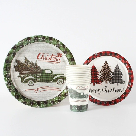 Set 10 Farfurii Unica Folosinta, Cyrax, 18 cm, Model Brazi de Craciun, Multicolor