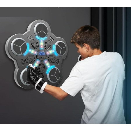 Jucarie de Boxat cu Muzica si Lumini, Cyrax, Manusi Incluse, Bluetooth, Incarcare USB, Aplicare cu Ventuze, 5 Tinte, 33x33x4.5 cm, 930 g, Negru