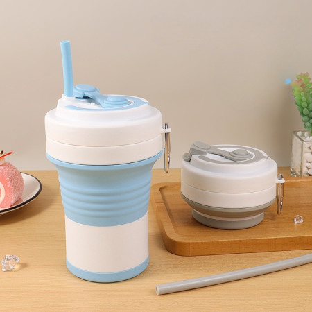 Pahar pliabil din silicon Cyrax, pentru calatorii, camping, 750 ml, pai inclus, 11.6 x 19.3 cm, albastru