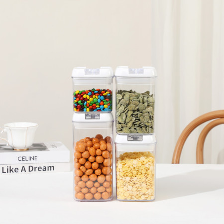 Cutii de Depozitare Alimente, Cyrax, Set din 4 Cutii pentru Condimente in Bucatarie, Cutii de tip Container, Diferite Dimensiuni, cu Capac Ermetic, din Plastic PP, Transparent