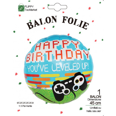 Balon din Folie Metalizata, Cyrax, Mini Figurina Rotunda, Model Happy Birthday Gamer, Tema Aniversare, 45 cm, Ambalaj Individual, Pai inclus, Umflare cu Aer sau Heliu, Albastru