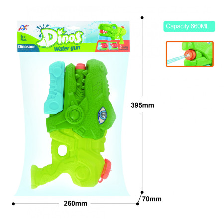 Pistol cu Apa pentru Copii, Rezervor, Pentru Piscina/Plaja, Cyrax, 6ani+, Tiranozaur, 3 duze, Verde, 660ML