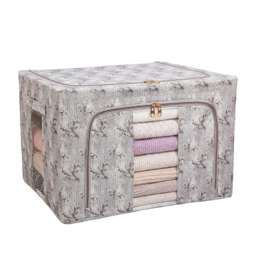 Cutie Depozitare,  66L, din Material Textil, 50 x 40 x 33 cm, pentru Haine si Lenjerii, Model Flori de Primavara, Gri