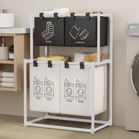 Cos de Rufe,  cu 2 Etaje, 4 Cosuri, Cadru de Otel Inoxidabil, 97x44x57 cm, Alb