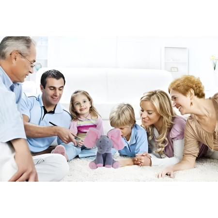 Jucarie Interactiva pentru Copii, Cyrax, Elefantel Peek-a-boo, Muzica, Misca Urechile, Alimentare cu Baterii, 30 cm, Roz-Gri