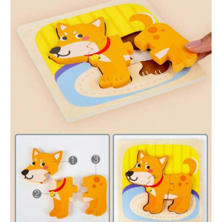 Puzzle Montessori din Lemn pentru Copii, Cyrax, 3D, 0-3 Ani, Model Catel, Educativ, Intuitiv, Creativ, 3 Piese, 15x15x0.5 cm, Multicolor