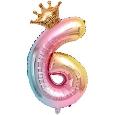 Balon din Folie Metalizata, Cyrax, Figurina Cifra Gradient, Tema Aniversare 80 cm, Ambalaj Individual, Pai inclus, Umflare cu Aer sau Heliu, Coronita, Cifra 6