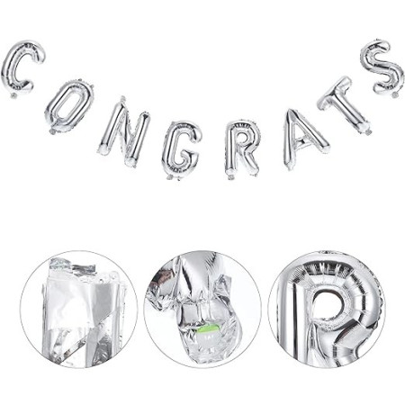 Set Baloane din Folie Metalizată, Cyrax, Model Congrats, Litere de 40 cm, Baloane Absolvire, Ambalaj Individual, Pai inclus, Umflare cu Aer sau Heliu, Argintiu