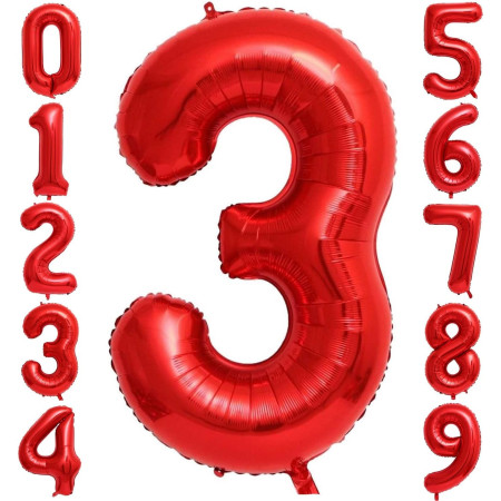 Balon din Folie Metalizata Cyrax, Figurina Cifra, Tema Aniversare 80 cm, Ambalaj Individual, Pai inclus, Umflare cu Aer sau Heliu, Rosu, Cifra 3
