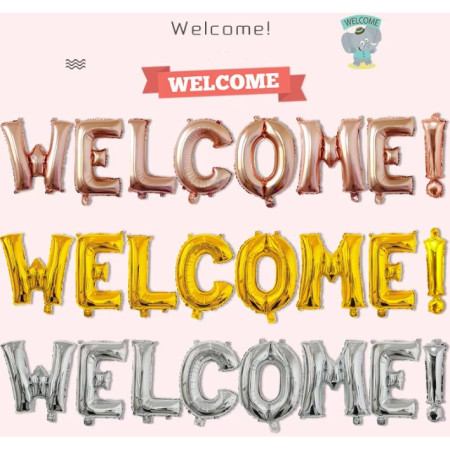 Set Baloane din Folie Metalizata, Cyrax, Model WELCOME!, Litere de 40 cm, Baloane Party, Ambalaj Individual, Pai Inclus, Umflare cu Aer sau Heliu, Auriu