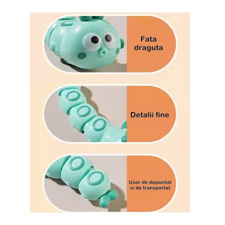 Jucarie mecanica pentru copii Cyrax, omida haioasa, cu cheita, distractiva, se taraste, se misca, 15 x 4 cm, verde