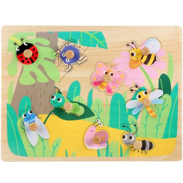 Puzzle Montessori din Lemn pentru Copii, Cyrax, 3D, 0-3 Ani, Model Insecte, Educativ, Intuitiv, Creativ, 9 Piese, 30x22.5x0.8 cm, Multicolor