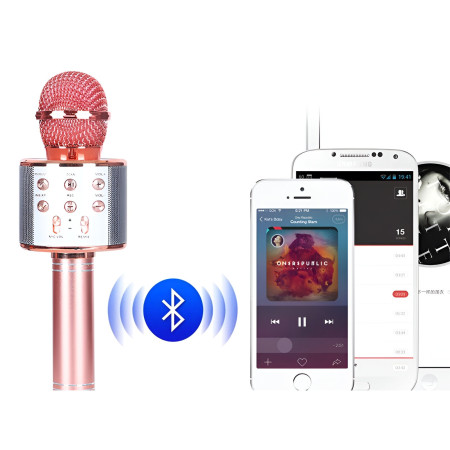 Microfon Karaoke, Cyrax, pentru Copii, Bluetooth, Boxa Incorporata, Compatibil cu Orice Smartphone, Acumulator Integrat, Multifunctional, Rose Gold