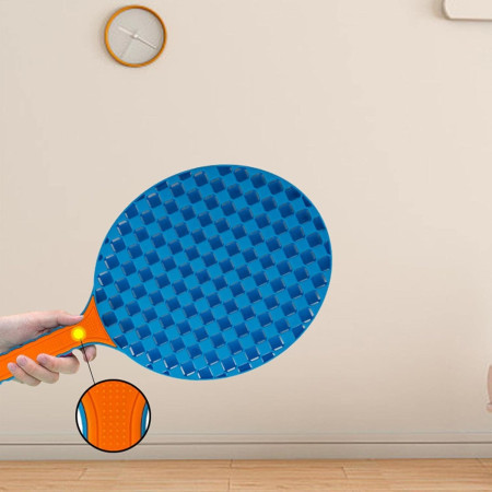 Set Badminton pentru Copii, Cyrax, Doua Palete, Fluturas, 2 Mingi, Minge cu Elastic pentru Antrenament, Suport de Prindere Stabil, 41x23 cm, Albastru Portocaliu